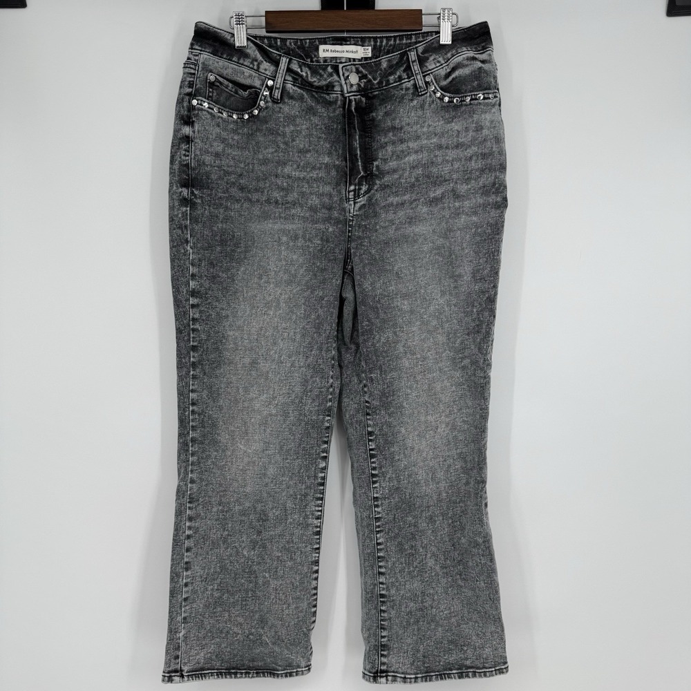 Rebecca‎ Minkoff High-Rise Acid Wash Barrel Gray Black Studded Crop Jeans 16W
